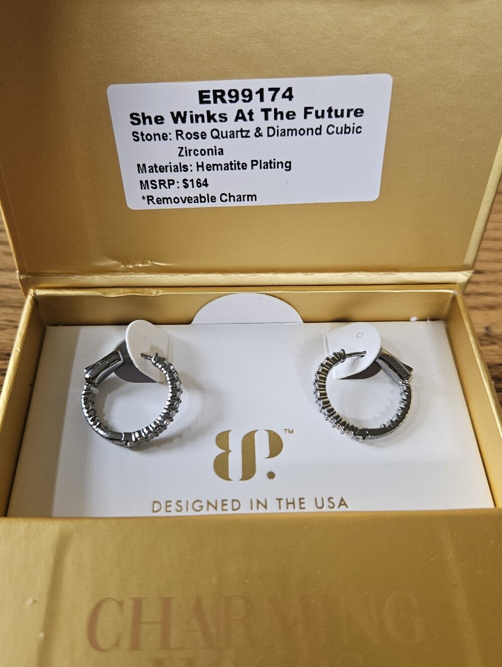 Bomb Party "She Winks At The Future" Hoop Earrings with Rose Quartz & Cz.